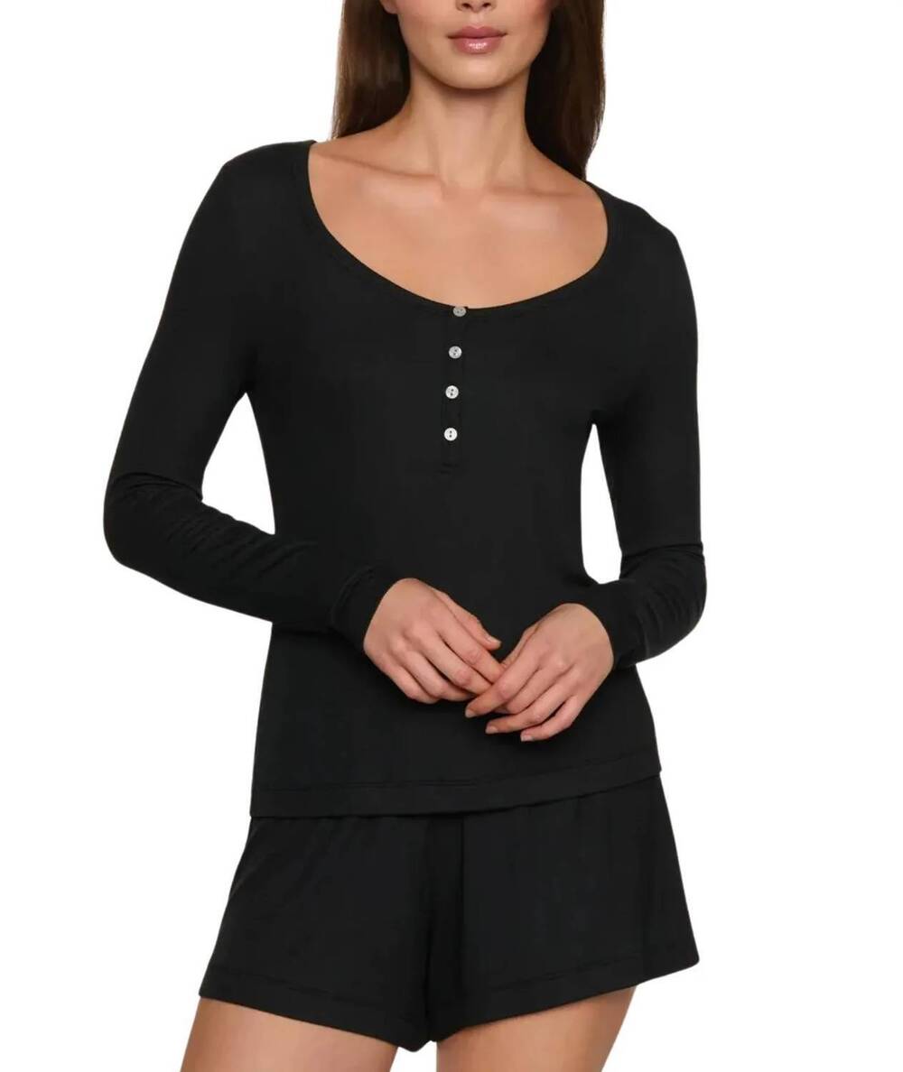 NEW EBERJEY dream rib long sleeve henley top in black